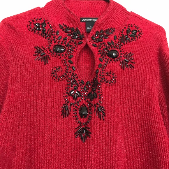 Lauren Michelle Deep Maroon Long Sleeves Dress w/ black bling rhinestones. So XL - Picture 6 of 8